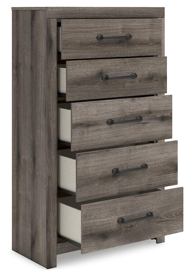 Graystorm Full Panel Storage Bed, Dresser, Mirror, Chest and Nightstand in Brown Gray - PKG021376