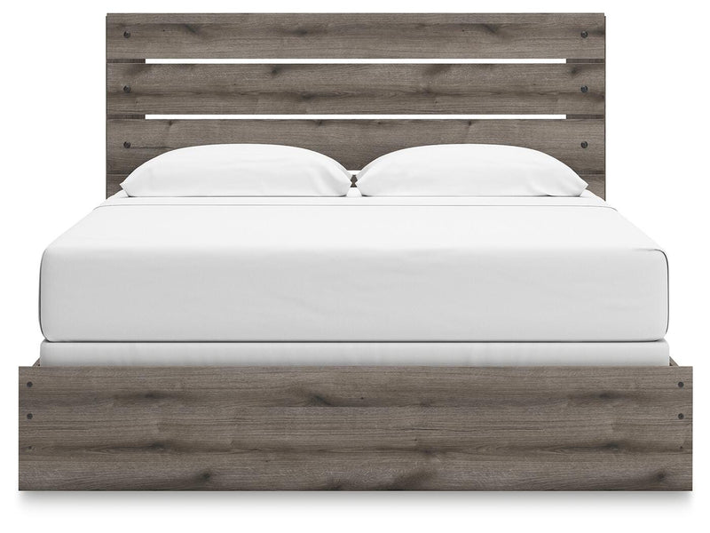 Graystorm King Panel Bed, Dresser, Mirror, Chest and Nightstand in Brown Gray - PKG021360