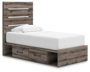 Graystorm Twin Panel Bed with Storage, Dresser and Mirror in Brown Gray - PKG021379