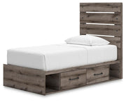 Graystorm Twin Panel Bed with Storage, Dresser and Mirror in Brown Gray - PKG021379
