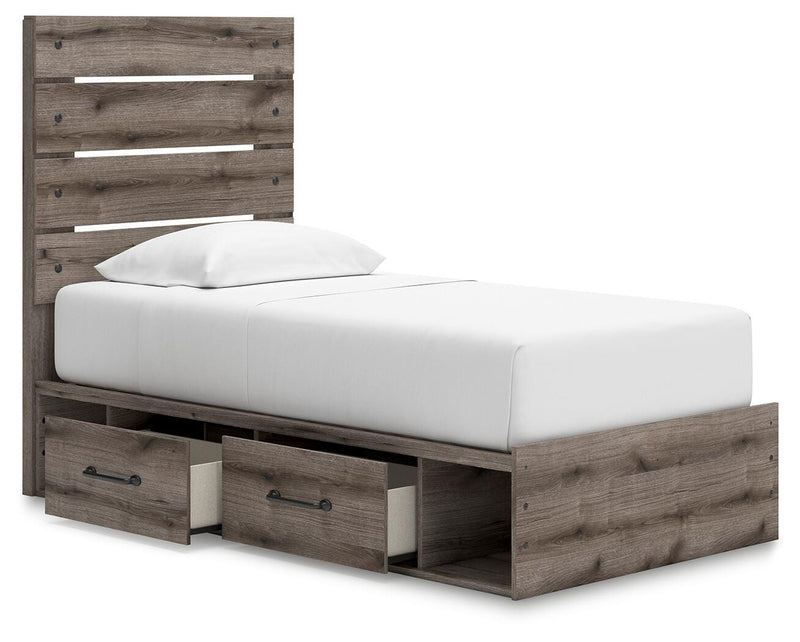 Graystorm Twin Panel Bed with Storage, Dresser and Nightstand in Brown Gray - PKG021386