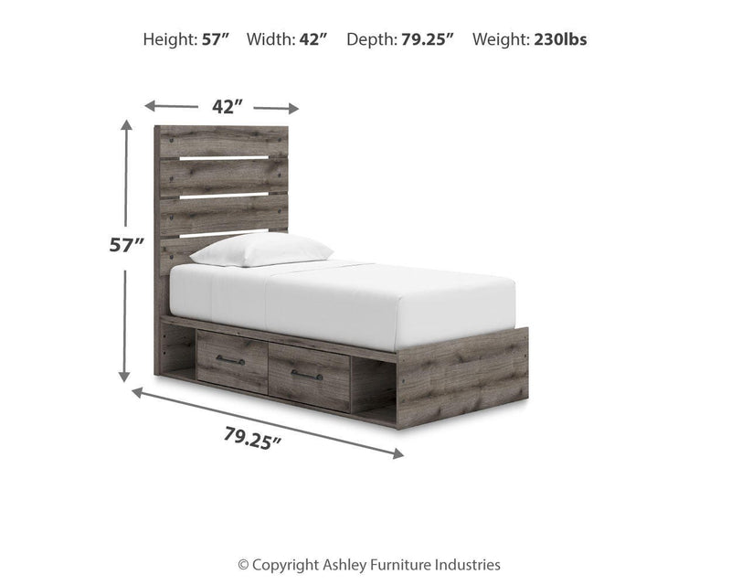 Graystorm Twin Panel Bed with Storage, Dresser, Mirror and 2 Nightstands in Brown Gray - PKG021380