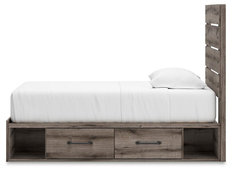 Graystorm Twin Panel Bed with Storage, Dresser, Mirror and Nightstand in Brown Gray - PKG021382