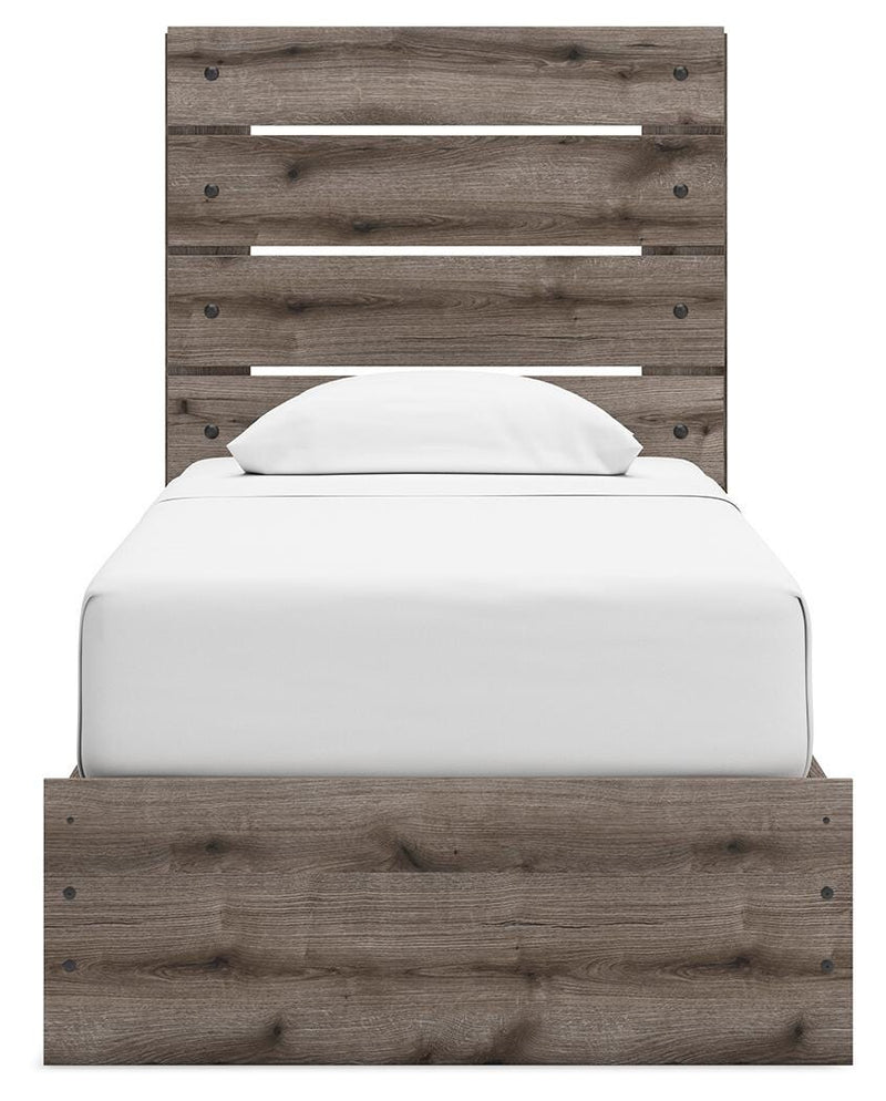 Graystorm Twin Panel Bed with Storage, Dresser, Mirror and Nightstand in Brown Gray - PKG021382