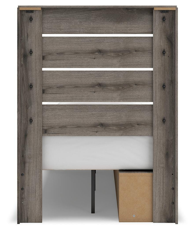 Graystorm Twin Panel Storage Bed, Dresser, Mirror, Chest and Nightstand in Brown Gray - PKG021368