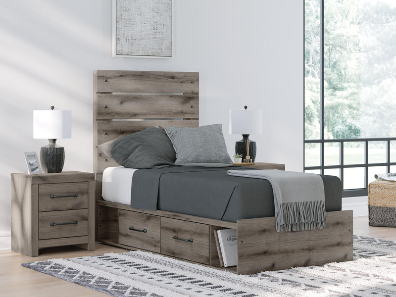 Graystorm Twin Panel Storage Bed, Dresser, Mirror, Chest and Nightstand in Brown Gray - PKG021368