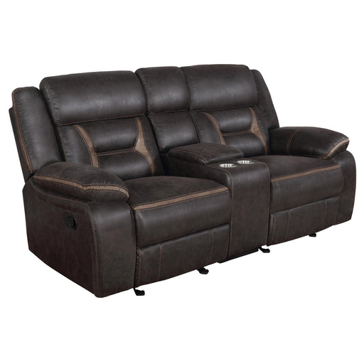Greer Upholstered Motion Reclining Loveseat Brown - 651355