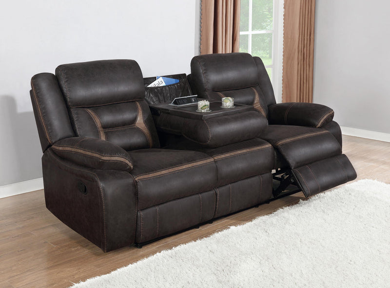 Greer Upholstered Motion Reclining Sofa Brown - 651354