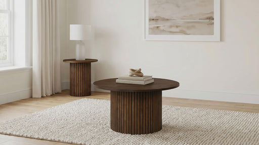 Hamlyn 2-piece Round Fluted Coffee and End Table Set Walnut - 706518-S2