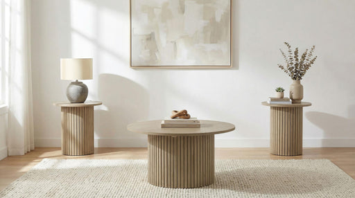 Hamlyn 3-piece Round Fluted Coffee and End Table Set Natural Oak - 706498-S3
