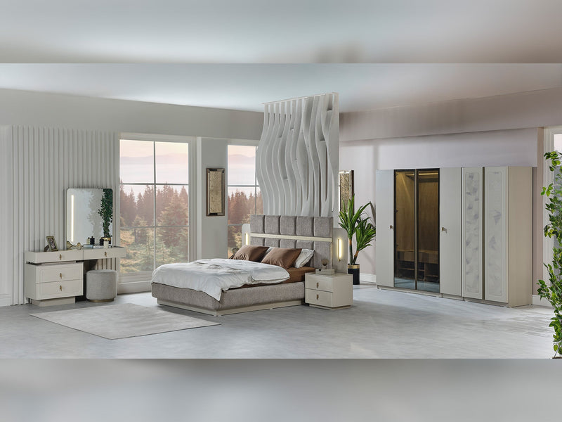 Hisar Bedroom (Queen Frame With Headboard & Dresser With Mirror & Ottoman & 2 Nightstand) - 200-MUM-HIS-150-QUE-SET
