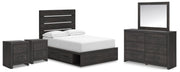 Hollivern Full Panel Bed with Storage, Dresser, Mirror and 2 Nightstands in Dark Gray - PKG021647