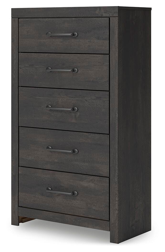 Hollivern King Panel Bed, Dresser, Mirror and Chest in Dark Gray - PKG021618