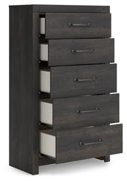 Hollivern King Panel Bed, Dresser, Mirror, Chest and Nightstand in Dark Gray - PKG021619