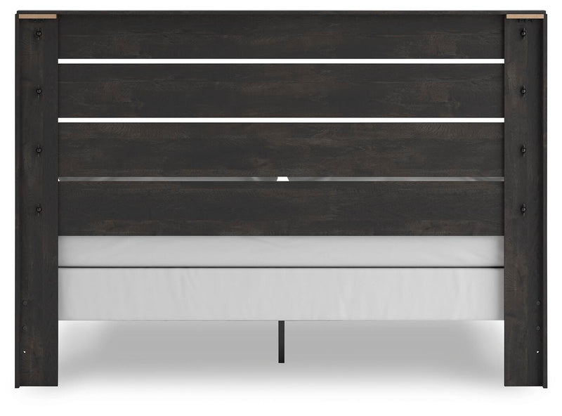 Hollivern King Panel Bed, Dresser, Mirror, Chest and Nightstand in Dark Gray - PKG021619