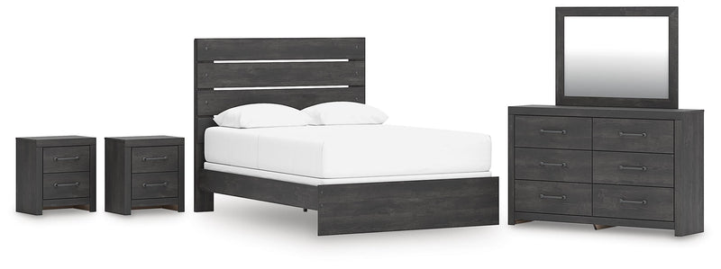 Hollivern Queen Panel Bed, Dresser, Mirror and 2 Nightstands in Dark Gray - PKG021607