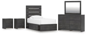Hollivern Twin Panel Bed with Storage, Dresser, Mirror and 2 Nightstands in Dark Gray - PKG021639