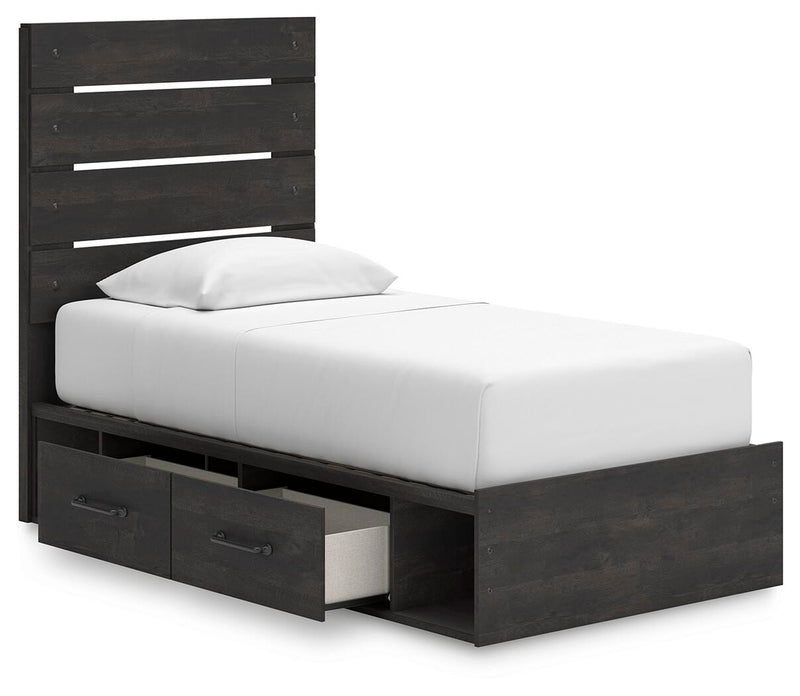 Hollivern Twin Panel Bed with Storage, Dresser, Mirror, Chest and 2 Nightstands in Dark Gray - PKG021640