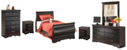 Huey Vineyard Full Sleigh Bed with Mirrored Dresser, Chest and 2 Nightstands in Black from Ashley - Lara Furniture