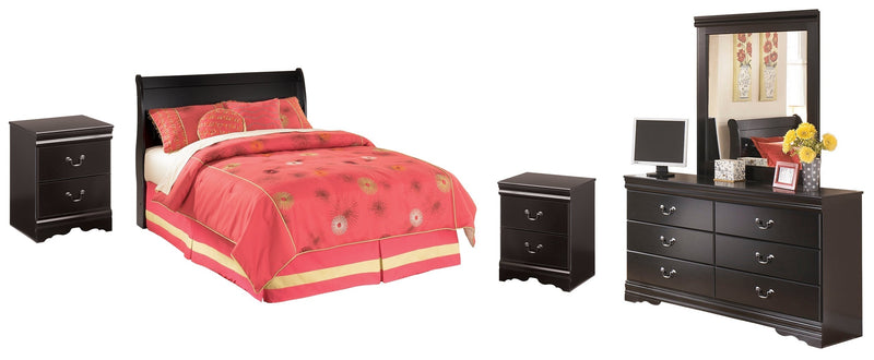 Huey Vineyard Full Sleigh Headboard Bed with Mirrored Dresser and 2 Nightstands in Black from Ashley - Lara Furniture