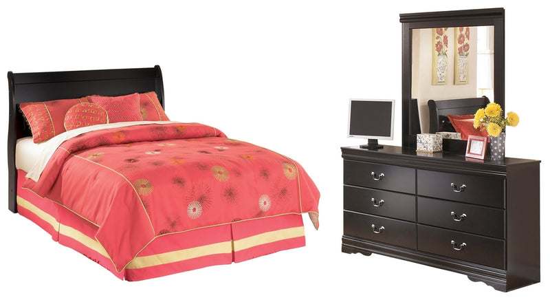 Huey Vineyard Full Sleigh Headboard Bed with Mirrored Dresser in Black from Ashley - Lara Furniture