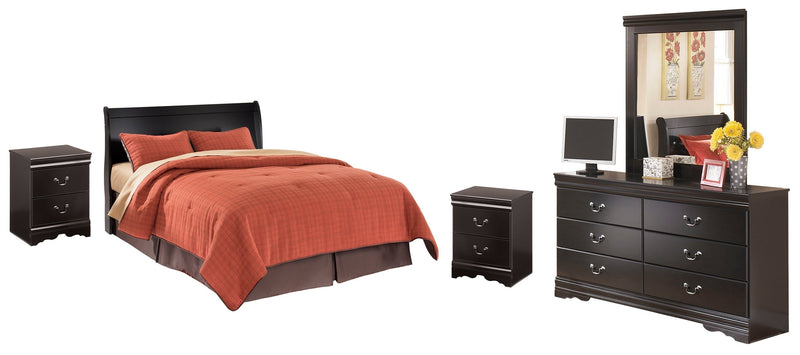 Huey Vineyard Queen Sleigh Headboard Bed with Mirrored Dresser and 2 Nightstands in Black from Ashley - Lara Furniture