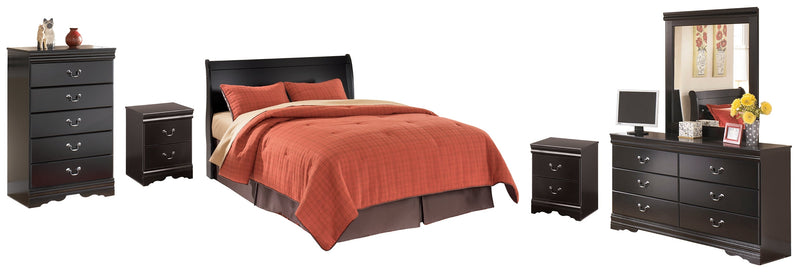 Huey Vineyard Queen Sleigh Headboard Bed with Mirrored Dresser, Chest and 2 Nightstands in Black from Ashley - Lara Furniture