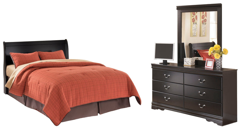 Huey Vineyard Queen Sleigh Headboard Bed with Mirrored Dresser in Black from Ashley - Lara Furniture