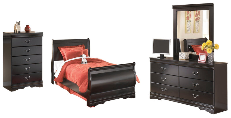 Huey Vineyard Twin Sleigh Bed with Mirrored Dresser and Chest in Black from Ashley - Lara Furniture