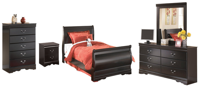 Huey Vineyard Twin Sleigh Bed with Mirrored Dresser, Chest and Nightstand in Black from Ashley - Lara Furniture