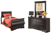 Huey Vineyard Twin Sleigh Bed with Mirrored Dresser in Black from Ashley - Lara Furniture