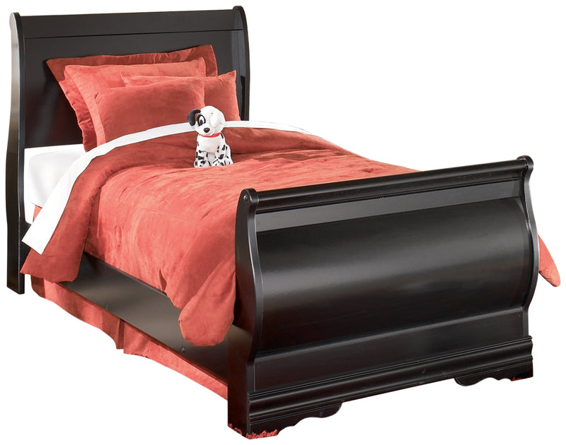 Huey Vineyard Twin Sleigh Bed with Mirrored Dresser in Black from Ashley - Lara Furniture