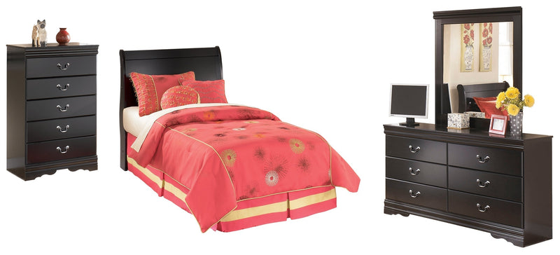 Huey Vineyard Twin Sleigh Headboard Bed with Mirrored Dresser and Chest in Black from Ashley - Lara Furniture