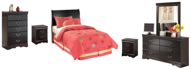 Huey Vineyard Twin Sleigh Headboard Bed with Mirrored Dresser, Chest and 2 Nightstands in Black from Ashley - Lara Furniture