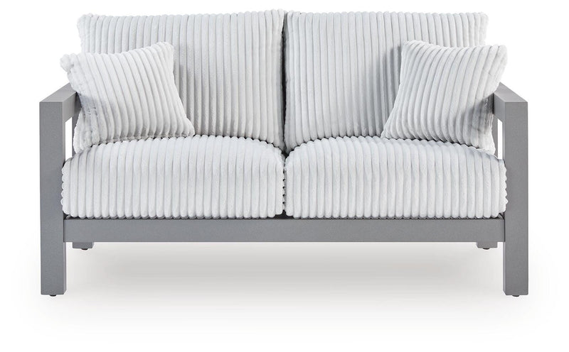 Hurley Park Outdoor Sofa and Loveseat with Coffee Table and 2 End Tables in Gray - PKG021165