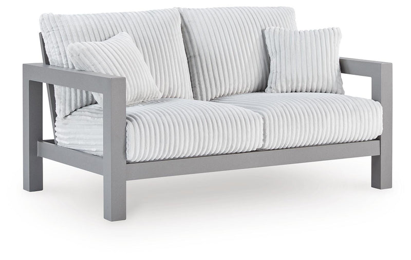 Hurley Park Outdoor Sofa and Loveseat with Coffee Table and 2 End Tables in Gray - PKG021165