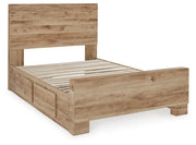 Hyanna Full Panel Bed with 1 Side Storage, Dresser, Mirror and 2 Nightstands in Tan Brown - PKG015362
