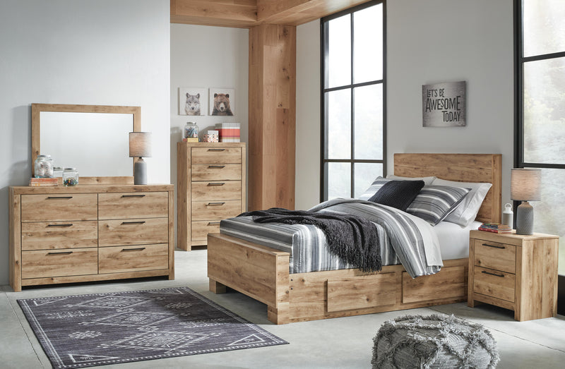 Hyanna Full Panel Bed with 1 Side Storage, Dresser, Mirror and Nightstand in Tan Brown - PKG015364