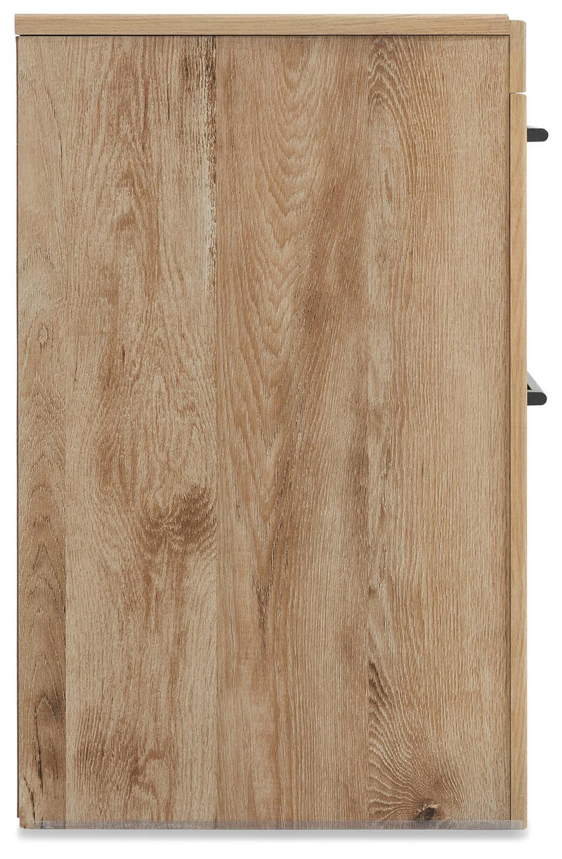 Hyanna Full Panel Bed with 1 Side Storage, Dresser, Mirror, Chest and 2 Nightstands in Tan Brown - PKG015363