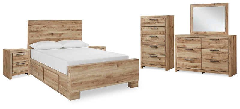 Hyanna Full Panel Bed with 1 Side Storage, Dresser, Mirror, Chest and 2 Nightstands in Tan Brown - PKG015363