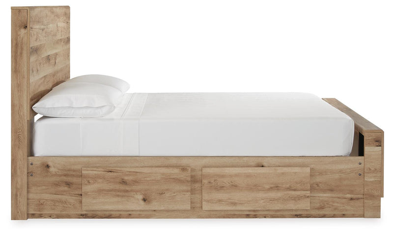 Hyanna Full Panel Bed with 1 Side Storage, Dresser, Mirror, Chest and 2 Nightstands in Tan Brown - PKG015363