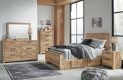 Hyanna Full Panel Bed with 1 Side Storage, Dresser, Mirror, Chest and Nightstand in Tan Brown - PKG015366
