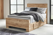 Hyanna Full Panel Bed with 1 Side Storage, Dresser, Mirror, Chest and Nightstand in Tan Brown - PKG015366