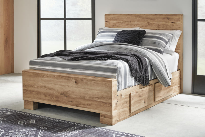 Hyanna Full Panel Bed with 1 Side Storage, Dresser, Mirror, Chest and Nightstand in Tan Brown - PKG015366