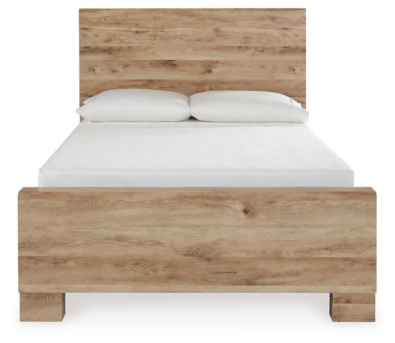 Hyanna Full Panel Bed with 1 Side Storage, Dresser, Mirror, Chest and Nightstand in Tan Brown - PKG015366