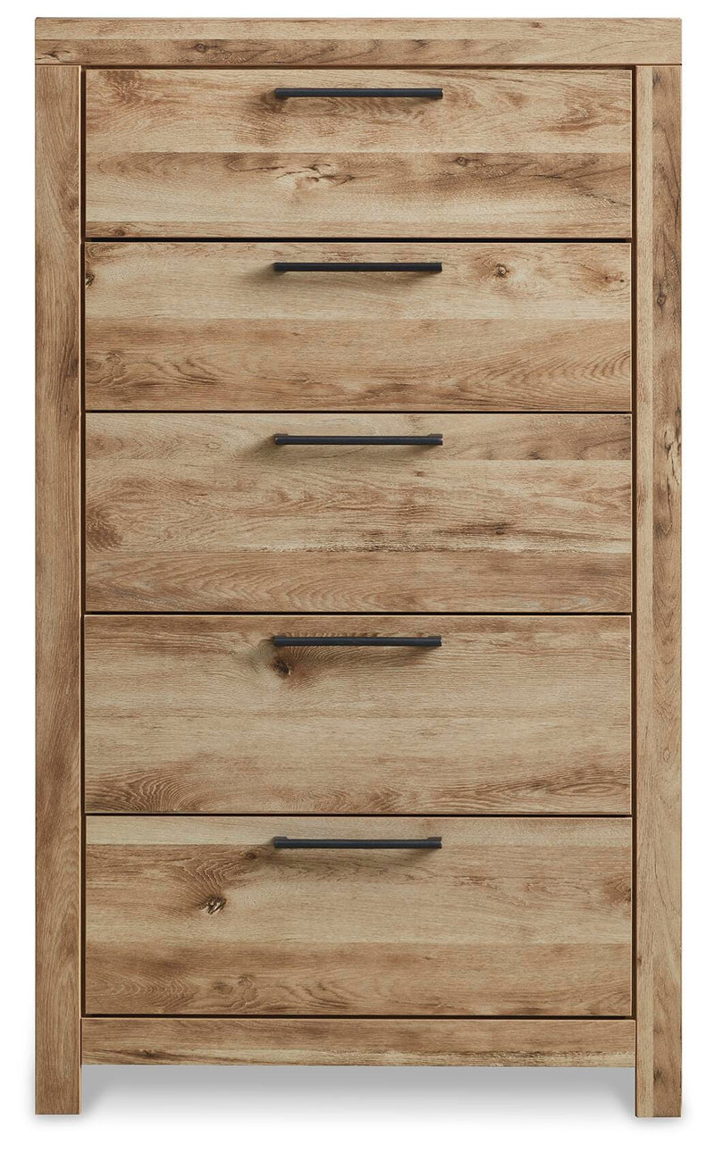 Hyanna Full Panel Bed with 1 Side Storage, Dresser, Mirror, Chest and Nightstand in Tan Brown - PKG015366