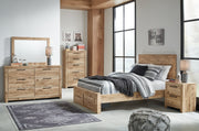 Hyanna Full Panel Storage Bed with Mirrored Dresser, Chest and Nightstand in Tan Brown - PKG015384