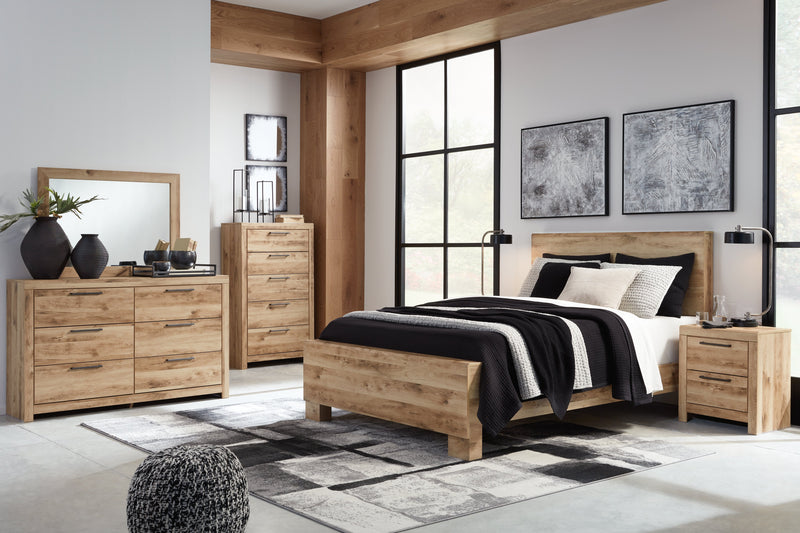 Hyanna King Panel Bed with Mirrored Dresser and Chest in Tan Brown - PKG015323