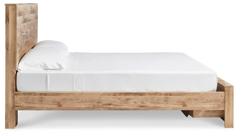 Hyanna King Panel Storage Bed, Dresser, Mirror and Chest in Tan Brown - PKG015329