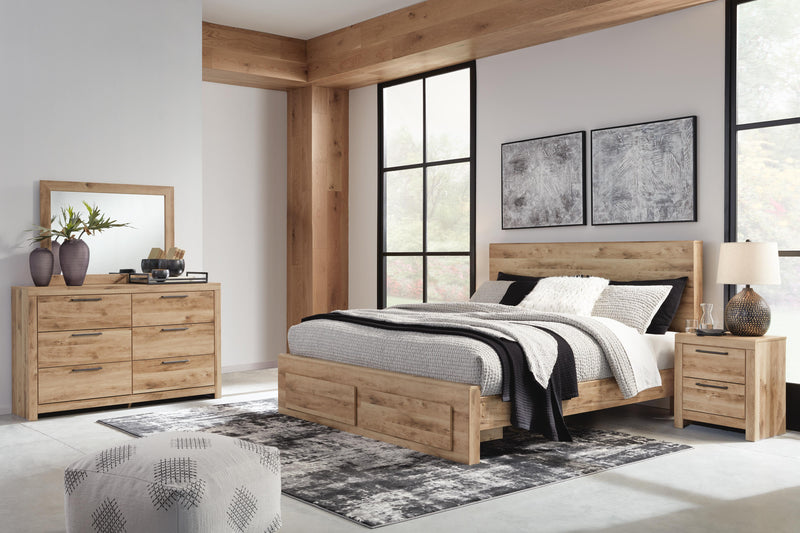 Hyanna King Panel Storage Bed, Dresser, Mirror and Nightstand in Tan Brown - PKG015328